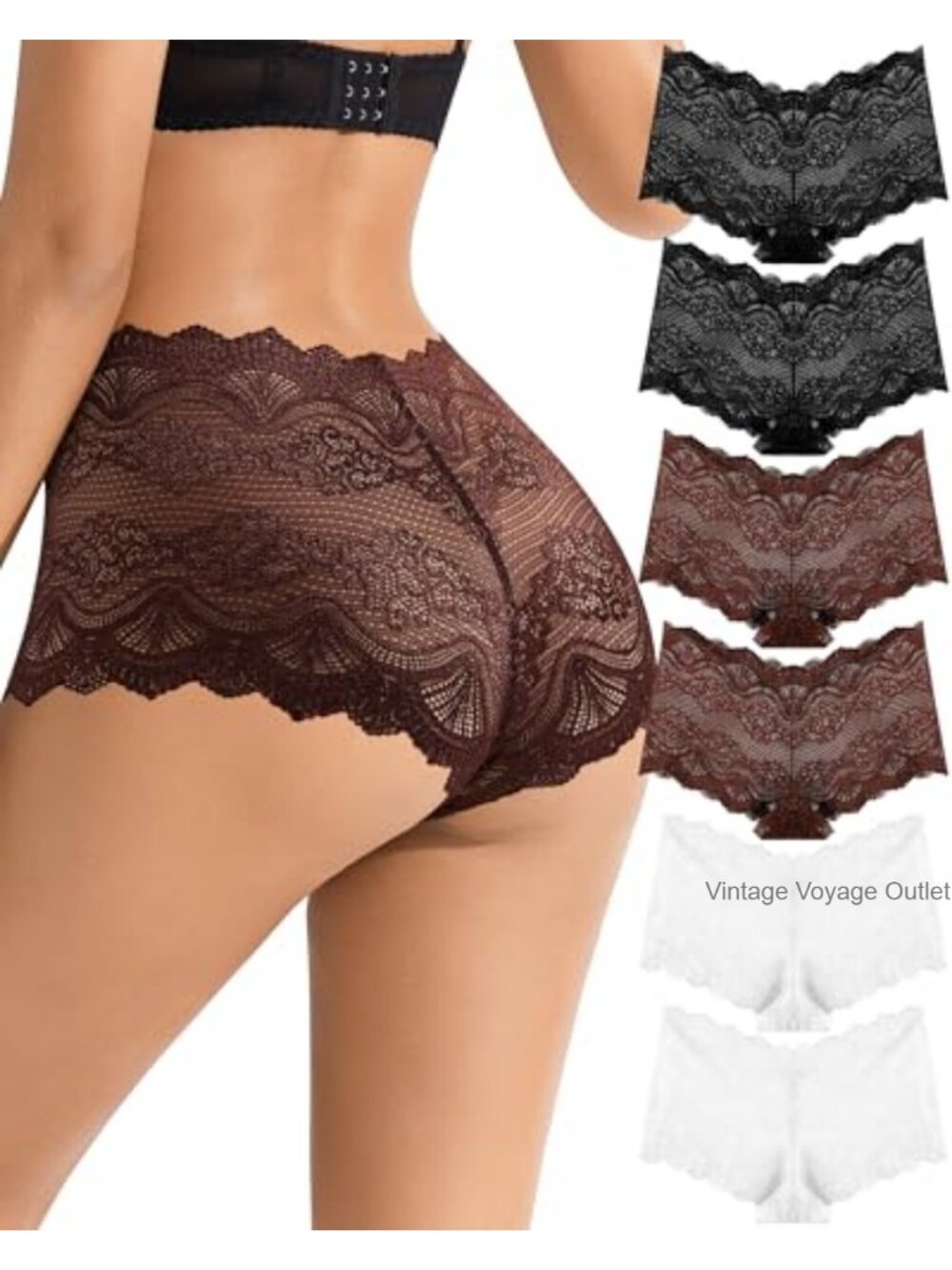 High Waisted Lace Boy Shorts Underwear Full Coverage Breathable 6 Pack